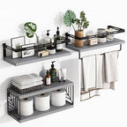 Fixwal 3+1 Tier Wall Mounted Bathroom Shelves Over Toilet, Rustic Wood Floating Shelves with Metal Frame and Towel Bar for Bathroom, Kitchen, Bedroom, Living Room (Gray) - color: 2-gray