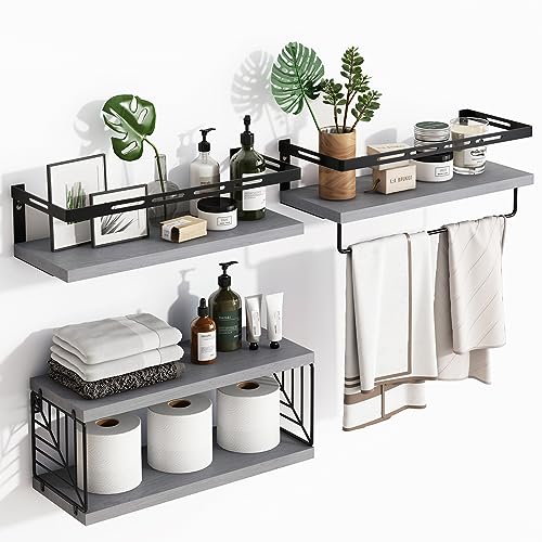 Fixwal 3+1 Tier Wall Mounted Bathroom Shelves Over Toilet, Rustic Wood Floating Shelves with Metal Frame and Towel Bar for Bathroom, Kitchen, Bedroom, Living Room (Gray) - color: 2-gray