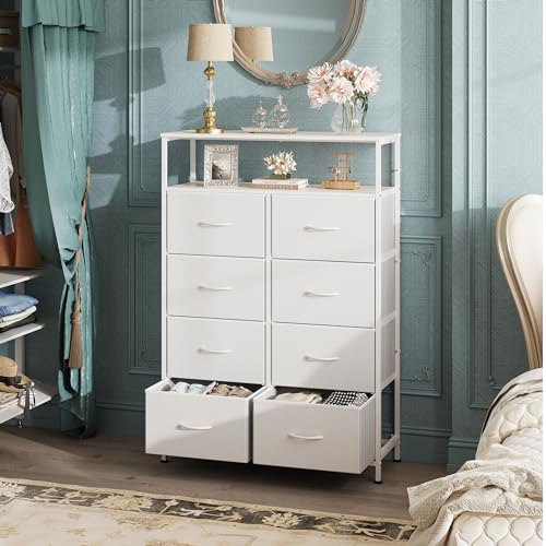 WLIVE Fabric Dresser for Bedroom with Open Shelves, Tall White Dressers with 8 Drawers, Storage Tower with Fabric Bins, Chest of Drawers for Closet, Hallway - color: White, style: Raised Shelves