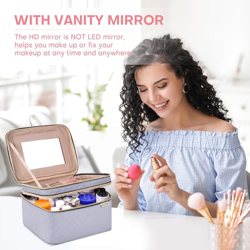 HXLGMD Large Makeup Bag with Mirror Double Layer Travel Make Up Organizer Case, Large Capacity Coemetic with Brush Slot Divider, Travel Toiletry Bag for Women (Grey) - color: Grey