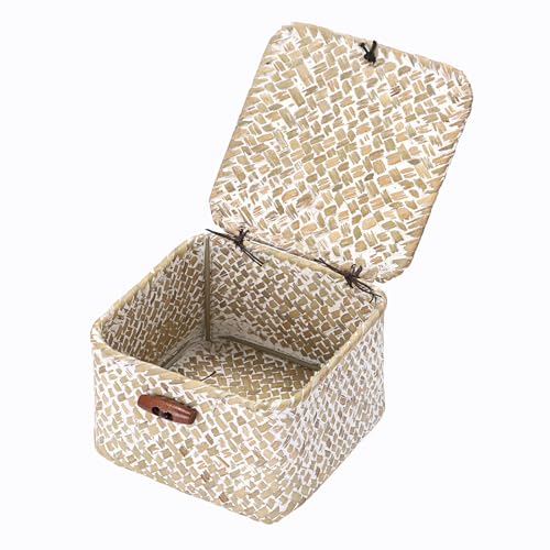 Hipiwe Handwoen Seagrass Basket with Lid Key Holder Box for Entry Decorative Mini Shelf Basket, Whitewash 3.5" x 3.5" x 2" - color: Whitewash color, size: 3.5" x 3.5" x 2"
