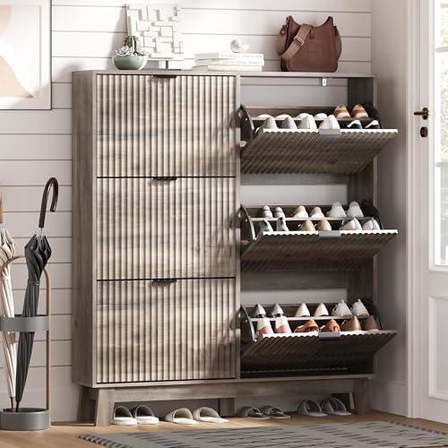 HUANLEGO Shoe Cabinet Storage for Entryway with 6 Flip Drawers, Fluted Narrow Shoe Organizer with Wooden Legs, Freestanding Slim Shoe Storage Hidden Shoe Rack Organizer for Front Door Entrance, Grey - color: Grey, size: 6 Drawer