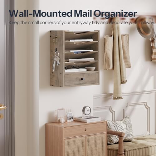 HOOBRO Wall File Organizer, Mail Organizer Wall Mounted, Wooden Mail Sorter, Construction Paper Holder with Drawer Storage and 2 Hooks, for Office, Classroom, Home, Greige BG14WF01 - color: Greige