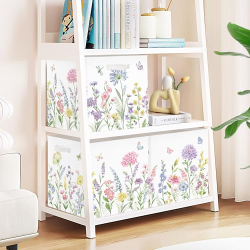 Clastyle 3 pcs 11.8'' Spring Summer Flower Storage Basket for Shelves with Metal Frame Large Butterfly Girl Clothes Toy Book Cube Bin for Bedroom Playroom,Color Floral - color: Color Flowers