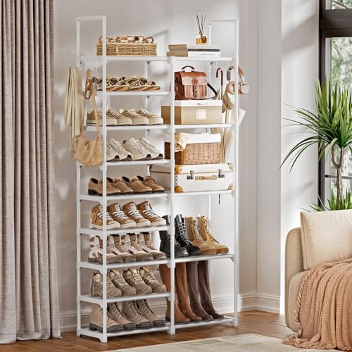 WOWLIVE 9 Tiers White Shoe Rack for Closet Shoe Rack Storage Organizer for Entryway 30-35 Pairs Stackable Shoe Shelf for Front Entrance Metal Pipes with Plastic Connectors - color: White, size: 2 Row 9 Tier