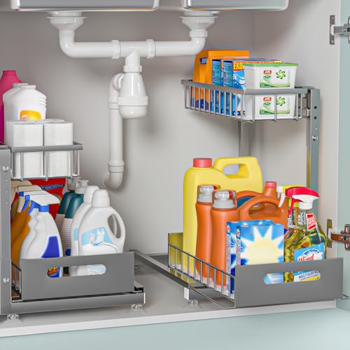 L-Shaped Under Sink Organizer, 2 Pack 2-Tier Pull Out Metal Kitchen Cabinet Organizer with Sliding Storage Drawer, Height Adjustable Heavy Duty Under Bathroom Sink Storage for Cleaning Supplies - color: Grey V2.0, size: 2 Pack