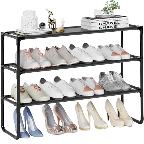 Long Shoe Rack, 3-Tier Stackable Shoe Organizer for Closet, Entryway, Hallway, Extra Bottom Layer, Holds 16-20 Pairs, Sturdy & Durable Waterproof Fabric Shelf, Space-Saving,Black(35.8" Wide) - size: 3-Black