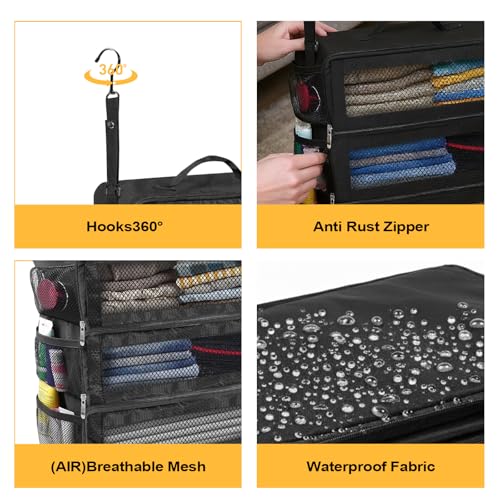Suitcase Organizer, Travel Luggage Organizer Portable Hanging Travel Shelves Collapsible Hanging Packing Cubes for Carry on Suitcase with 5 Medium Vacuum Storage Bags and Hand Pump,Black