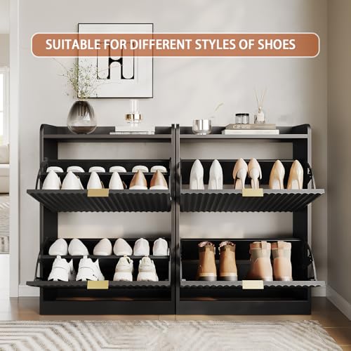 Black Fluted Shoe Cabinet with 2 Flip Drawers, Narrow Shoe Storage Cabinet for Entryway, Freestanding Shoes Rack Organizer Cabinets with Adjustable Shelves for Entryway, Hallway - color: Black, size: 2-Drawers