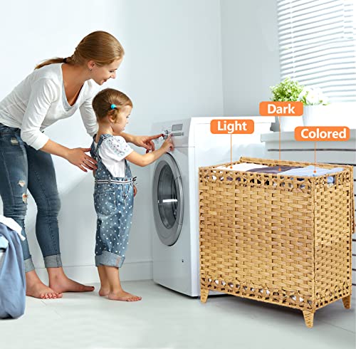 Laundry Hamper with 3 Removable Liner Bags; 132L Handwoven Rattan Laundry Basket with Lid & Heightened Feet; Clothes Hamper with Side Handles; Laundry Sorter with 3 Separate Sections - color: Natural, size: 132L-3 Section