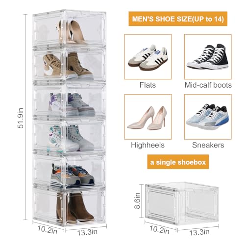 Shoe Box,Set of 6,Stackable Plastic Clear Shoe Box Organizer with Magnetic Door,Shoe Storage Box Thicken Sturdy,Easy Assembly,Fit up to US Size(Front opening door, Clear) - color: White, size: Front