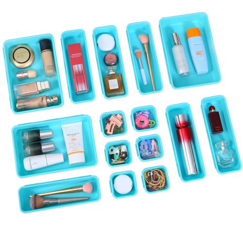 Kutesna 15 PCS Interlocking Desk Drawer Organizer Separator for Office,Bathroom,Kitchen,Makeup（Blue&Green） - color: Blue&Green, size: 15PC