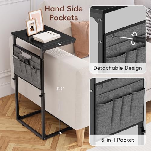 Vagusicc C Shaped End Table, 33'' Tall Side Table for Couch, Adjustable Height Small Couch Side Table for Small Spaces, Couch Table Slide Under Sofa Table TV Tray Table for Living Room Bedroom, Black - color: Black