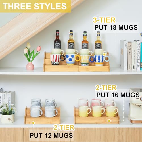 Hongtamoya 3-Tier Expandable Bamboo Mug Holder For Countertop Coffee Cup Holder Display Mug Organizer Mug Rack for Coffee Bar Organizer Mug Shelf for Cabinet for Kitchen, Home - size: (12.40~24.01'')L*10.62''W*4.33''H