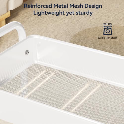 YASONIC Metal 3 Tier Rolling Cart - Heavy Duty Utility Cart with Lockable Wheels, Hanging Cups, Hooks, Mesh Rolling Storage Cart Craft Cart Organizer, Lightweight and Sturdy, White - color: White