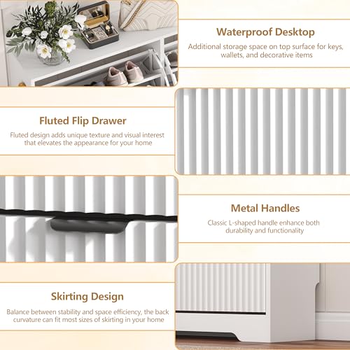 HUANLEGO Shoe Cabinet Storage for Entryway with 3 Flip Drawers, White Fluted Shoe Cabinet with Adjustable Shelves, Wooden Hidden Shoe Rack Freestanding Narrow Slim Shoes Storage for Hallway, Entrance - color: White, size: 3 Drawer