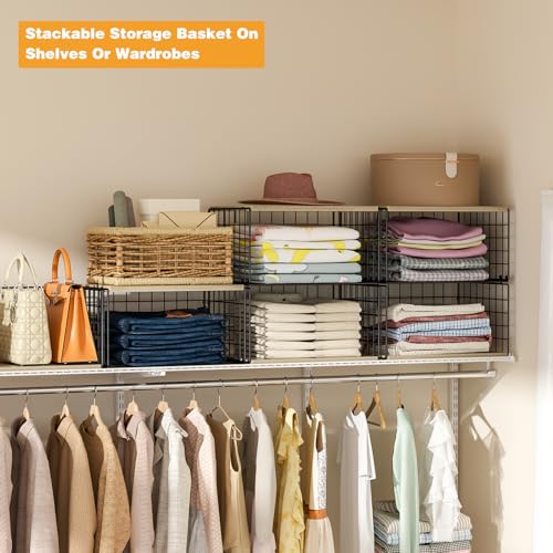 2 Pack Extra-Long, Low-Profile Closet Organizers and Storage with Wood Top, 4 Tier Stackable Closet Shelf Organizer, Space-Saving Clothes Storage Bin for Wardrobe & Small Spaces, Sturdy (Black) - color: BLACK, size: 4-tier:15.74"L x 12"W x 17.32"H