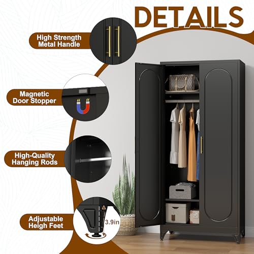 UNICOLY Armoire Wardrobe Closet with Doors, 71'' Wardrobe Cabinet with Hanging Rod, Metal Closet with 2 Adjustable Shelves for Bedroom School, Employee, Gym, Armarios De Ropa para Dormitorio, Black - color: Black, size: 71 Inch arched-J with 0 Drawers