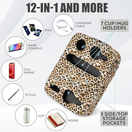 TabCouchCaddy - Couch Cup Holder Tray Pillow - Bed, Couch Caddy, Sofa, RV & Car - Holds Drinks, Snacks, Remotes, Phones, Kindle, Tablet | Bed Cup Holder (Leopard) - color: Leopard