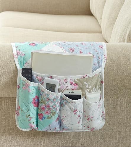 Brilliant Sunshine Blue and Green Rose Patchwork Couch Armrest 5 Pockets Organizer, Slip Resistant Armchair Caddy, Washable Remote Controls Holder, Storage for Magazine, Tablet, Phone, Blue Green - color: Blue Green