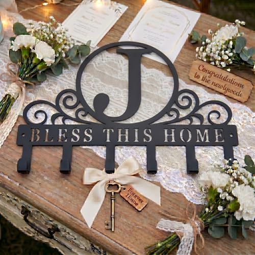 Metal Letter J Key Holder for Wall, Decorative Metal Key Holder Wall Mount, Key Hooks Coat Rack Monogram Wall Decor, Perfect for Bathroom, Living Room, Kitchen, Anniversary Housewarming Gift - style: J