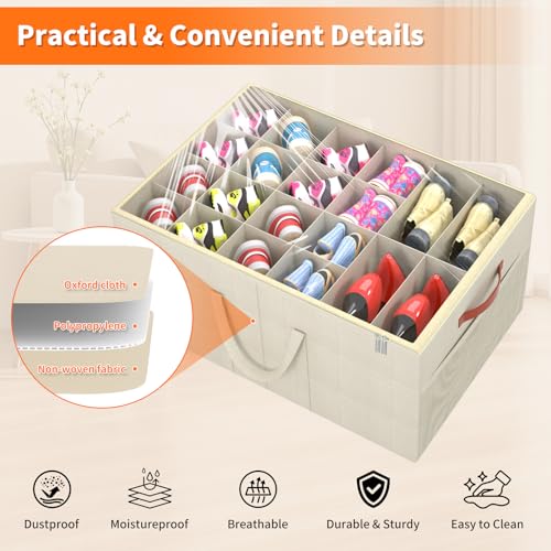 Aokeyee 2 Pack Shoe Organizer for Closet, Large Shoe Storage Box Fits up to 48 Pairs, Space Saving Foldable Shoes Organizer Bin w/Clear Cover and 4 Reinforced Handles, Beige - color: Beige, size: Fits up to 48 Pairs