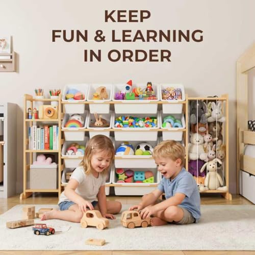Toy Storage Organizer with Bookshelf and Stuffed Animal Storage - Playroom Organization with Shelves and 12 Bins - Living Room Box for Lego - Bedroom Decor Essentials - color: White, size: 67"W,3 Shelves,16 Bins