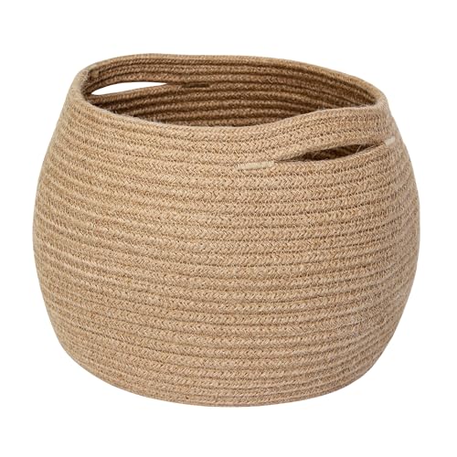 MEGASKET Decorative Wicker Storage Basket, 11" x 9" Indoor Plant Basket for Home Decor, Round Woven Dog Cat Toy Bin with Handle, Bathroom Towel Storage, Jute Planter Holder, Shelf Closet Organizer - color: Jute