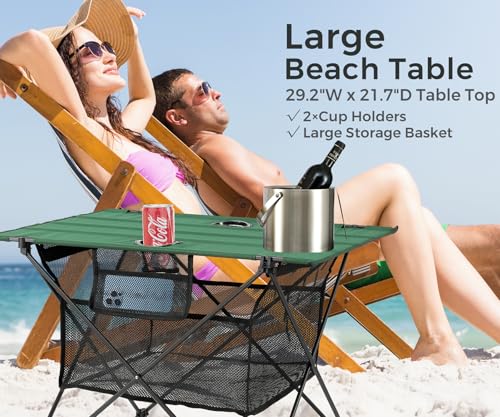 Lightweight Camping Table - Portable Folding Beach Side Table w/2 Cup Holders & Large Storage Basket, Compact Fold for Tailgate Travel Outdoor Fishing Picnic | 29.2" W x 21.7" D (Green) - color: C: Green
