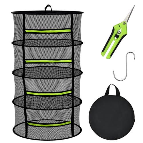 MEKOLIFE Herb Drying Rack Hanging-4 Layer, Plant Drying Rack, Bud Drying Net,Foldable Hanging Dry Rack Net with Green Zipper, Garden Shears & Hooks, for Herbs, Seeds Indoor/Outdoor (23.62") - size: 4 Layers