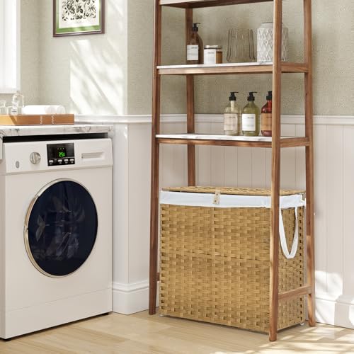 DUMOS Wicker Laundry Basket with Lid, 110L Woven Laundry Hamper with Handles, Foldable Rattan Clothes Hamper with Removable Liner & Sturdy Steel Frame, Goose Yellow - color: Goose Yellow, size: 110L
