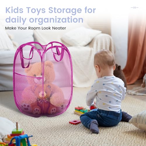 HOUSE AGAIN 2 Pcs Pop Up Laundry Hamper, Strong Mesh Laundry Baskets Collapsible, Hamper with Handles and Side Pocket, Portable Foldable Dirty Clothes for Dorm, Laundry room and Travel Storage, Pink - color: Pink, size: 2-Pack