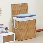 110L Laundry Hamper with Lid, Hand-Woven Pp Rattan Laundry Basket with Compartments & Handles, Removable Liner Bags,Foldable, Narrow Dirty Clothes Basket, Yellow - color: 110L-Yellow