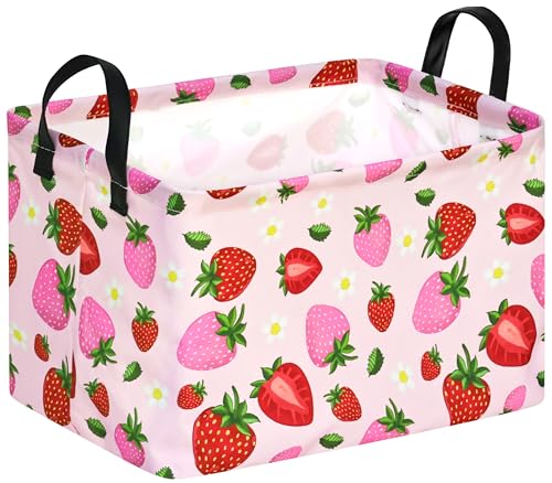 Strawberry Print Storage Box Girls Gifts Basket Clothes Hamper Basket Collapsible Organizer Bin Gift Shelf Baskets for Home and Kitchen Storage. - color: strawberry