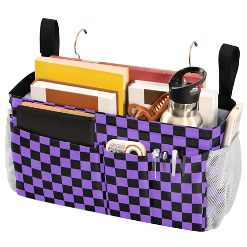 Checkerboard Black Purple Plaid Print Bedside Caddy Storage Bag Bedside Organizer for Bunk Bed Headboards College Organizer Caddy Hanging Shelf 6 Pockets with Hooks for Drinks Magazine Phone Holder - color: Checkerboard Black Purple