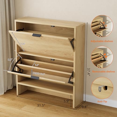 Garvee Shoe Storage Cabinet for Entryway, Fluted Shoe Cabinet with 2 Flip Drawers Doors, 32" Wide Hidden Shoe Rack Tall Freestanding Shoe Organizer for Entrance, Hallway, Living Room, Natural - color: Natural, size: 2 Drawers