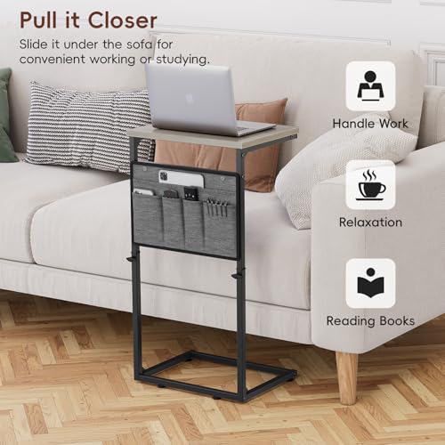 Vagusicc C Shaped End Table, Set of 2 Tall Side Table for Couch, Adjustable Height Small Couch Side Table for Small Spaces, End Table Slide Under Sofa Table TV Tray Arm Table for Living Room, Grey - color: Greige 2pc