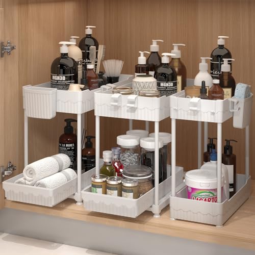 Sevenblue 3 Pack Under Sink Organizers, 2-Tier Multi-Use Kitchen and Bathroom Organizers and Storage with Sliding Drawers, Bathroom Cabinet Organizer (White, 12.8 Inch) - color: White, size: 12.8 Inch