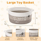 Woof Dog Toy Basket with Handles, Large Dog Toy Storage Bin with Paw Print, Woven Dog Basket for Blankets, Toys, Chews, Pet Toy Box for Nursery, Living Room, Bedroom, 17”x12”x9, Brown - color: Brown