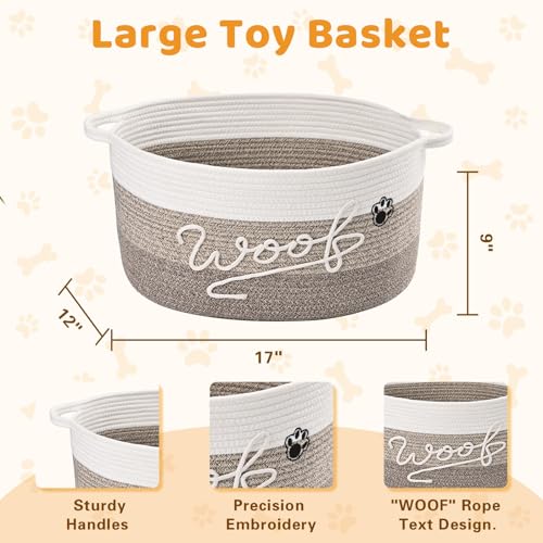 Woof Dog Toy Basket with Handles, Large Dog Toy Storage Bin with Paw Print, Woven Dog Basket for Blankets, Toys, Chews, Pet Toy Box for Nursery, Living Room, Bedroom, 17”x12”x9, Brown - color: Brown