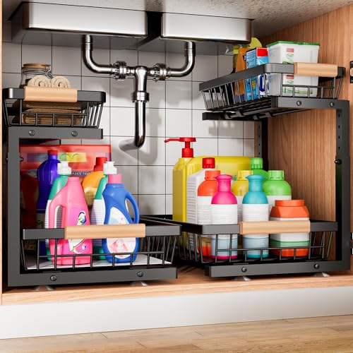 Under Sink Organizer, 2 Pack 2 Tier Under Sink Organizers and Storage, Slide Out Pull Out Cabinet Organizer Shelf, Height Adjustable Metal Drawer for Kitchen Bathroom Closet Organization Rack Black - color: Black