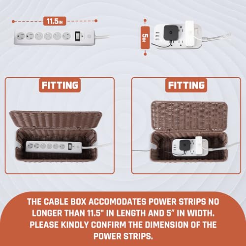 Cable Management Box, Handmade Rattan Cable Organizer with 2 Open Slots, Cord Hider for Power Strip, Router & USB Hub, Registered U.S. Design Patent (D1,112,102), 13" x 5.1" x 5.1", Brown - color: Brown, style: Rectangle