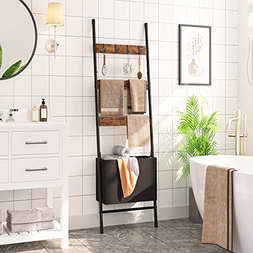HOOBRO Blanket Ladder with Basket, 17.3”L x 63.4”H, Towel Rack with Hooks, Blanket Holder Rack, Decorative Ladder Shelf, Drying and Display Rack for Bathroom, Living Room, Rustic Brown BF31CJ01 - color: Rustic Brown