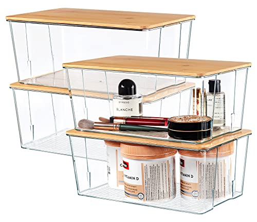 Hudgan 4 Pack Clear Plastic Storage Bins with Bamboo Lids, Stackable Storage Containers for Organizing Medicine Cabinet Organizer, Craft Room, Bread Box - color: Nature