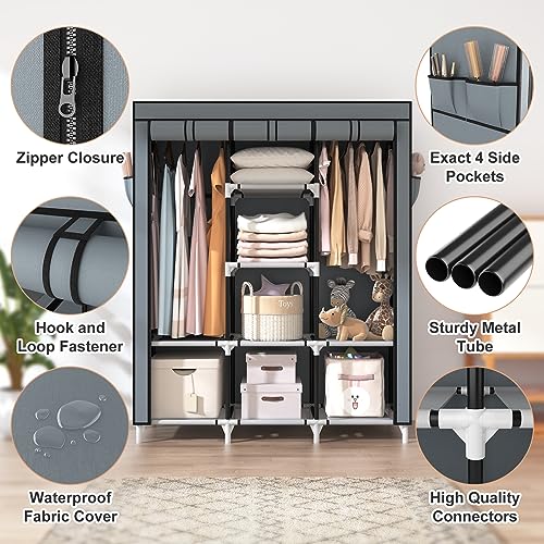 VTRIN Portable Closet Wardrobe for Hanging Clothes with 2 Hanging Rods and 8 Storage Organizer Shelves,Sturdy Large Wardrobe Closet for Bedroom Free Standing Clothes Rack with Cover,Grey - color: Grey, size: 3 Row - 49'' Wide