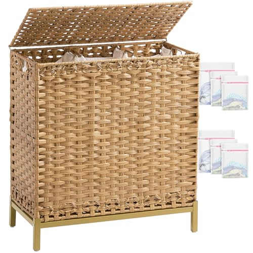 SETVSON Laundry Hamper with Lid 132 L, (35 Gallons) Clothes Hamper with Lid, Handwoven Rattan Laundry Hamper with Metal Heightened Feet, Laundry Hampers with 3 Removable Liner Bags for Laundry-Natural - color: Natural, size: 132 L - 35 gal