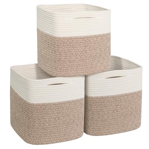 11x11 Cube Storage Bin - 3 Pack Woven Storage Cubes Organizer, 11 Inch Cotton Rope Baskets for Organizing, Square Baskets for Shelves, Baby Nursery Closet Bins, Cubby Toy Box Organizer - color: Brown