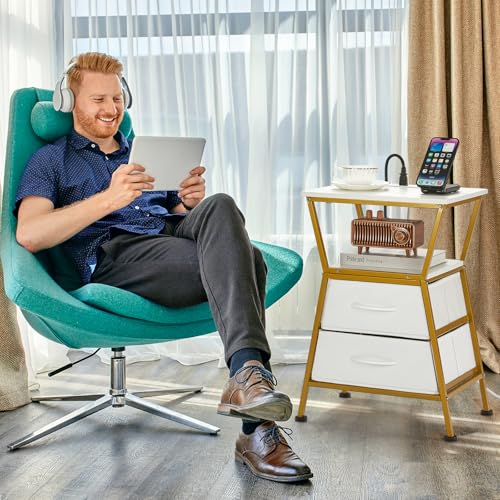 Nightstand with Charging Station, Side Tables for Bedroom with Built-in USB Side Table with 2 USB Ports and Outlets Nightstand with Cloth Drawer End Tables Living Room Sofa Couch - color: White Gold With Socket