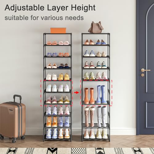 Autonomier 10 Tier Tall Shoe Rack, Narrow Lightweight Shoe Shelf, Compact Vertical Shoe Stand, Small Space Saving for Closet Floor, Dorm Storage Organizer, Front Door Entrance, Entryway