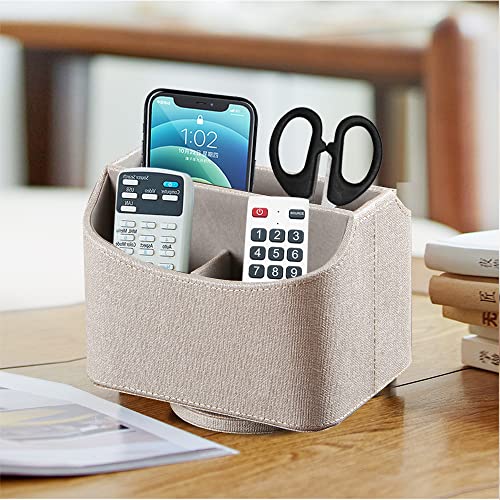 Fanousy 360° Rotating Remote Control Holder, PU Leather TV Remote Caddy Organizer Basket Storage Box with 5 Compartments for Pen, Pencil, Art Supplies, Makeup Brush, Office Desk Table Accessories - color: Beige